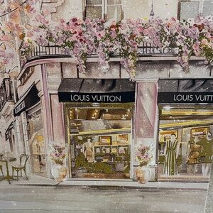 Louis Vuitton Floral Storefront Art with Pink and Green Accents